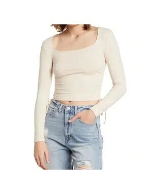 Elodie BNWOT womens beige long sleeve top sz XLarge side ruched tie up